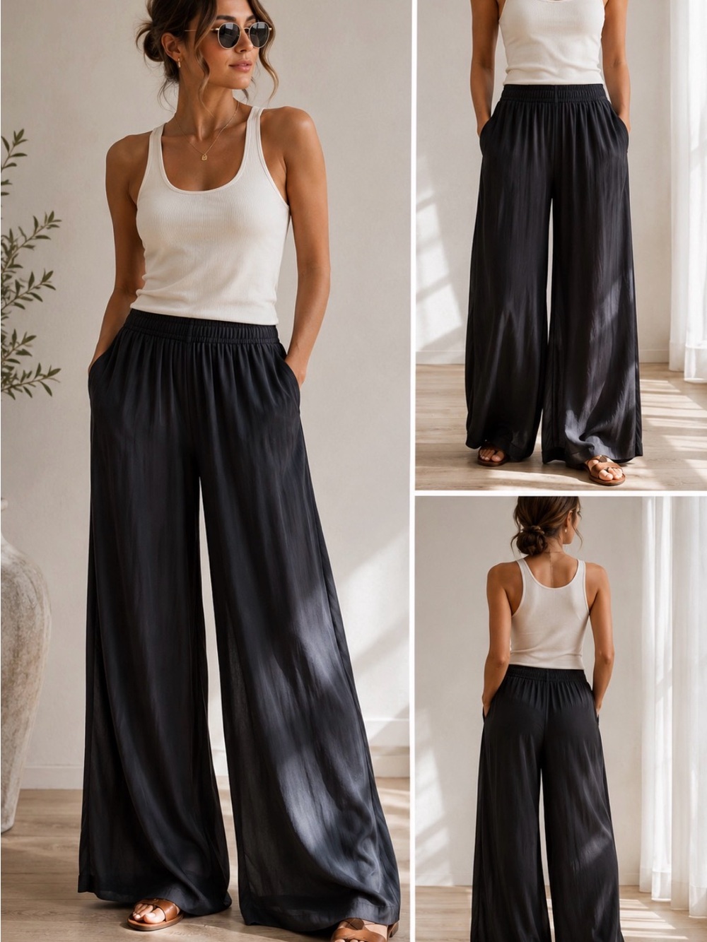 Joie Black Satin Wide-Leg Pants